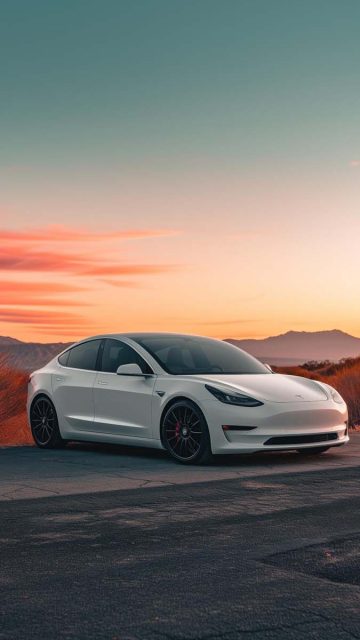 White Tesla in Sunset iPhone Wallpaper HD