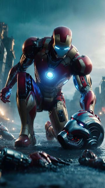 Iron Man Defeated Ultron By midjourneychampion iPhone Wallpaper HD