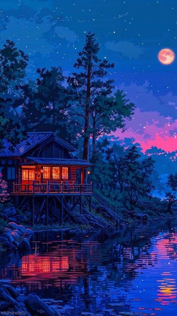 Sunset Lake side Cabin iPhone Wallpaper HD