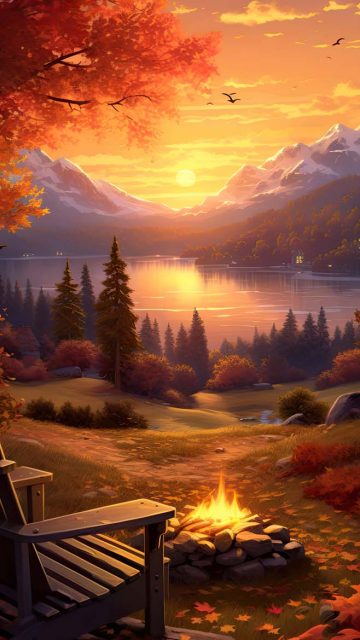 Bonfire Sunset Near Lake iPhone Wallpaper HD