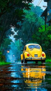 Classic VW Beetle Car in Rain By 8bit renders iPhone Wallpaper HD
