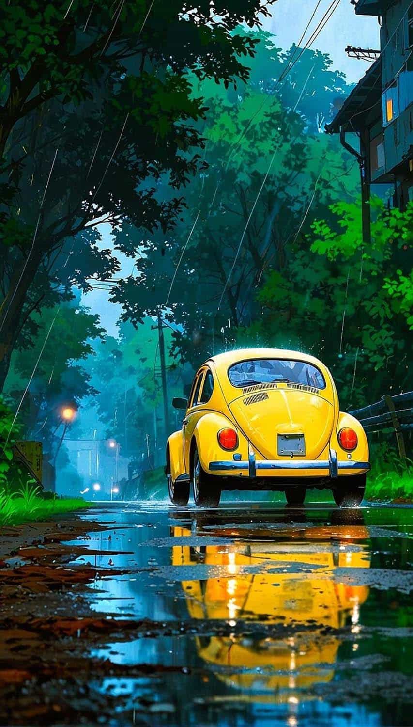 Classic VW Beetle Car in Rain By 8bit renders iPhone Wallpaper HD