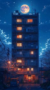 Moon Night Apartments By lofiartloft iPhone Wallpaper HD