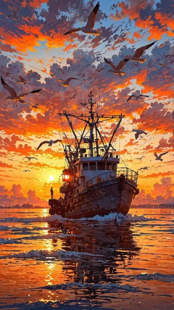 Sunset Fishing Boat Wallpaper