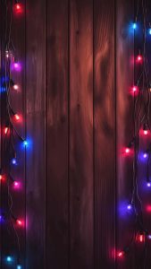 Colorful String Lights Wood Background