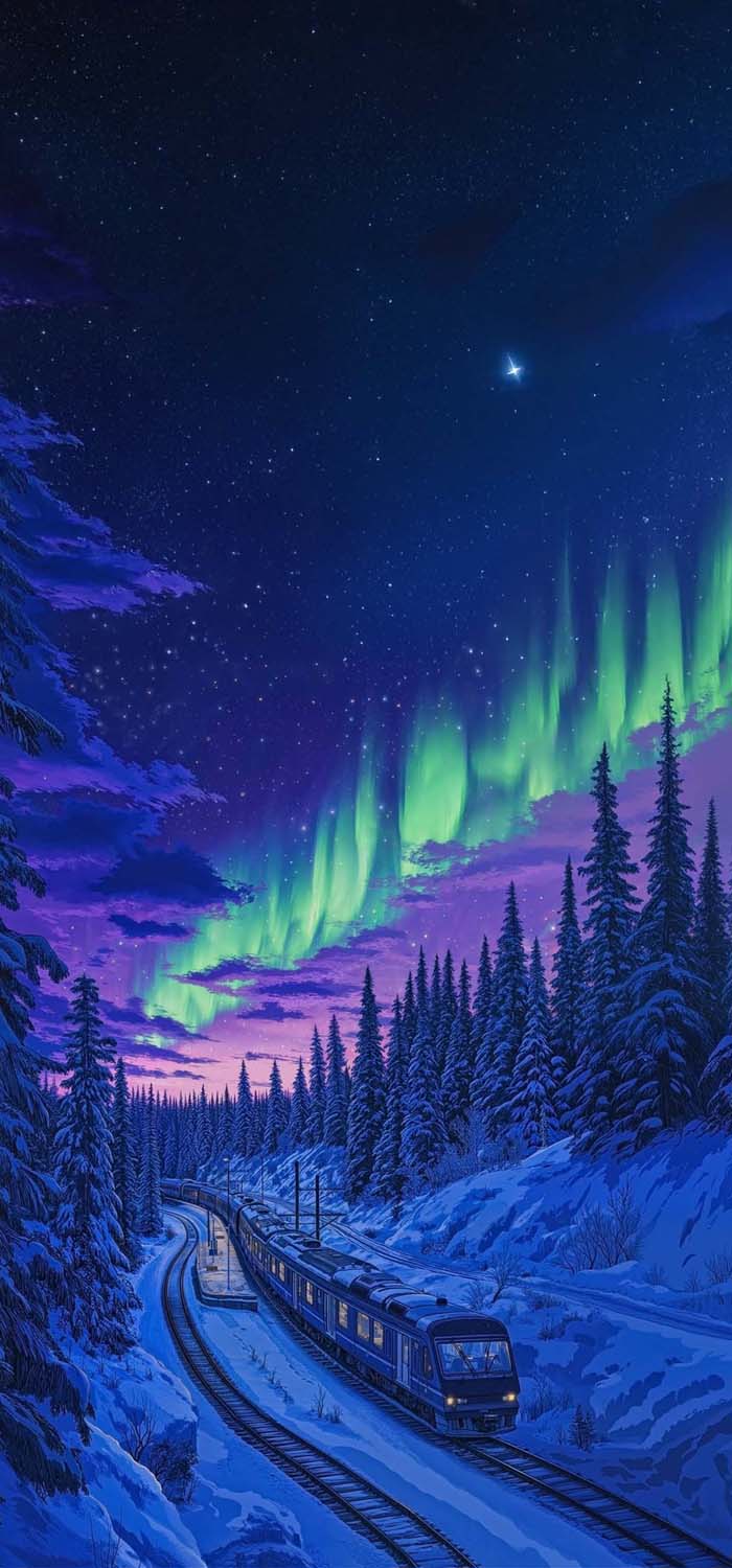 Aurora Lights Train iPhone Wallpaper