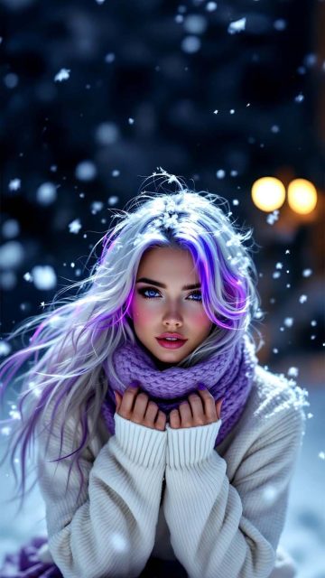 Girl in Snow Purple Hairs iPhone Wallpaper