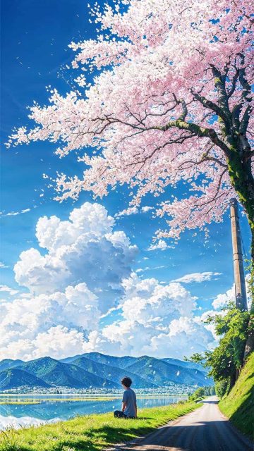 Solitude with Sakura Tree iPhone Wallpaper