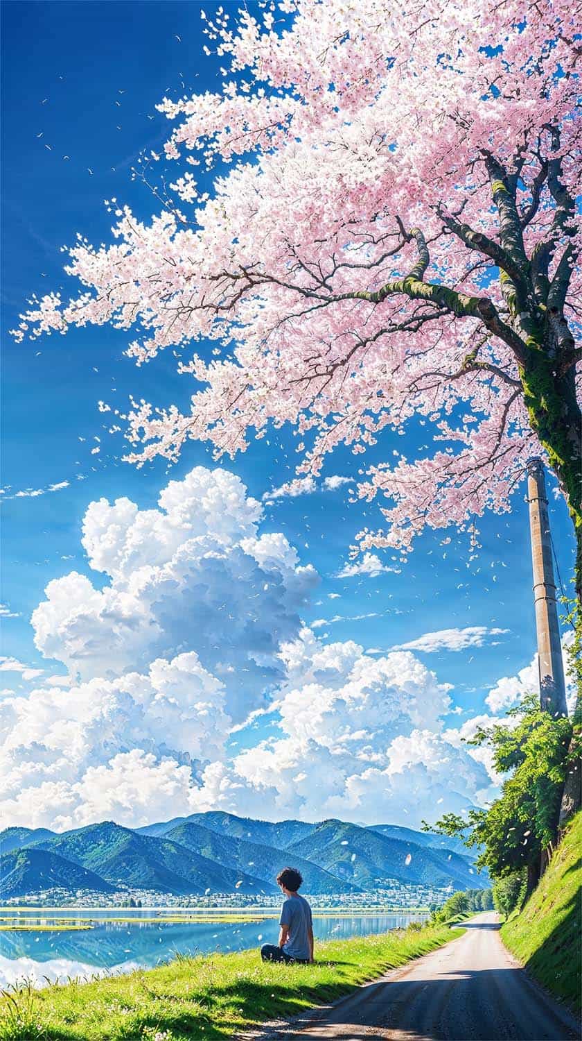 Solitude with Sakura Tree iPhone Wallpaper