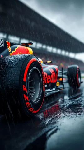 Red Bull F1 car in the rain wallpaper, 4K close-up of Pirelli wet tires on a soaked track, cinematic racing photography for iPhone.