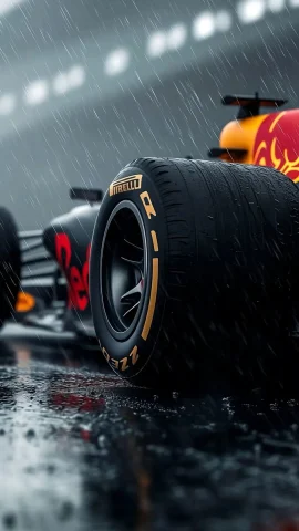 Red Bull Racing F1 car close-up in heavy rain, focusing on Pirelli tire treads on a wet track, cinematic racing wallpaper for iPhone.