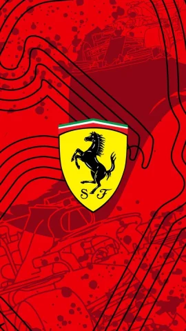 Scuderia Ferrari logo wallpaper featuring the Prancing Horse shield on a vibrant red abstract background with stylized race track graphics.