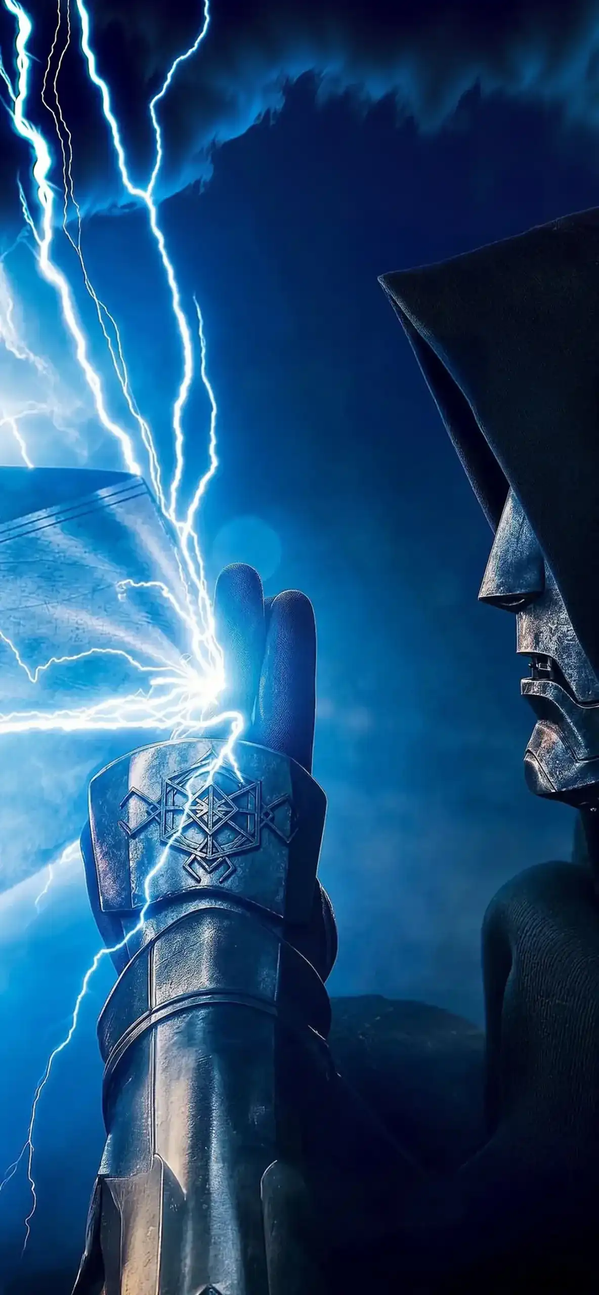 Avengers Doomsday 4K Wallpapers for iPhone | AMOLED Backgrounds 1 Doctor Doom wearing metal gauntlet absorbing blue lightning from Stormbreaker in Avengers Doomsday wallpaper