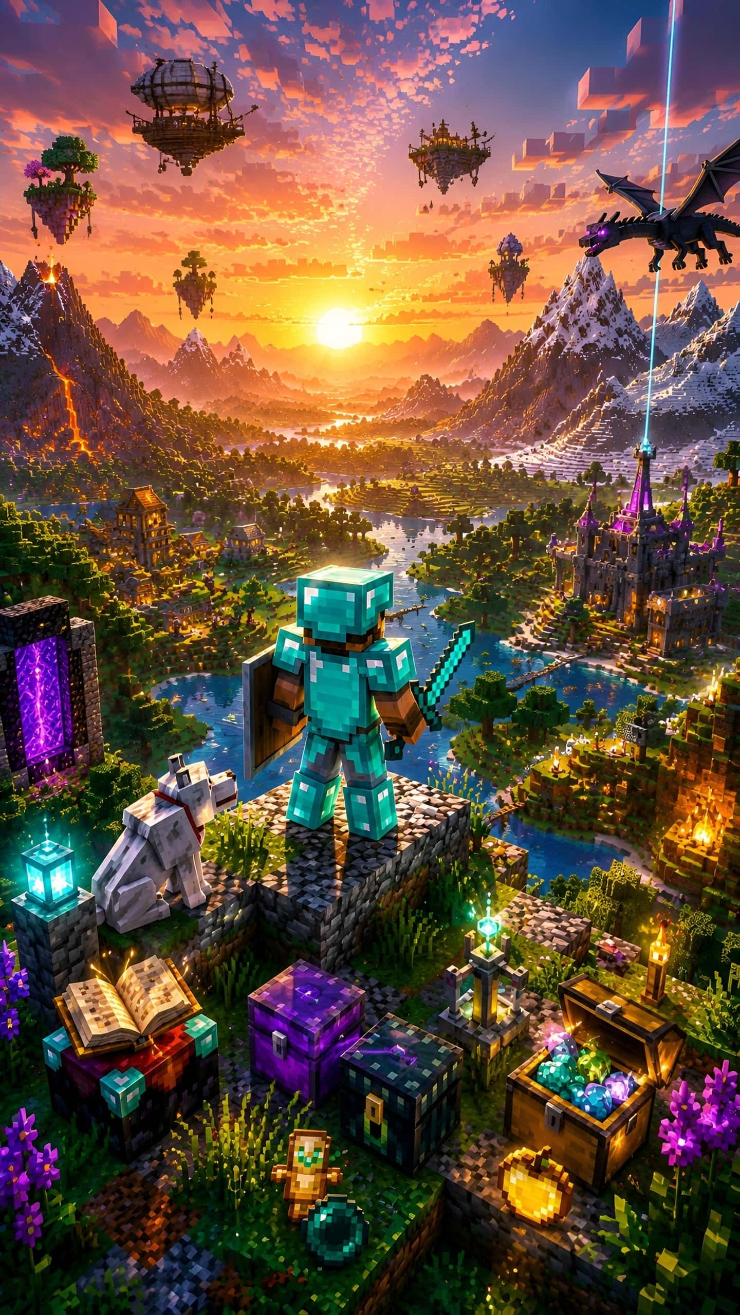 4K UHD Minecraft iPhone Wallpapers (Free HD Download) 1 minecraft-diamond-armor-player-looting-sunset-overworld-iphone-wallpaper
