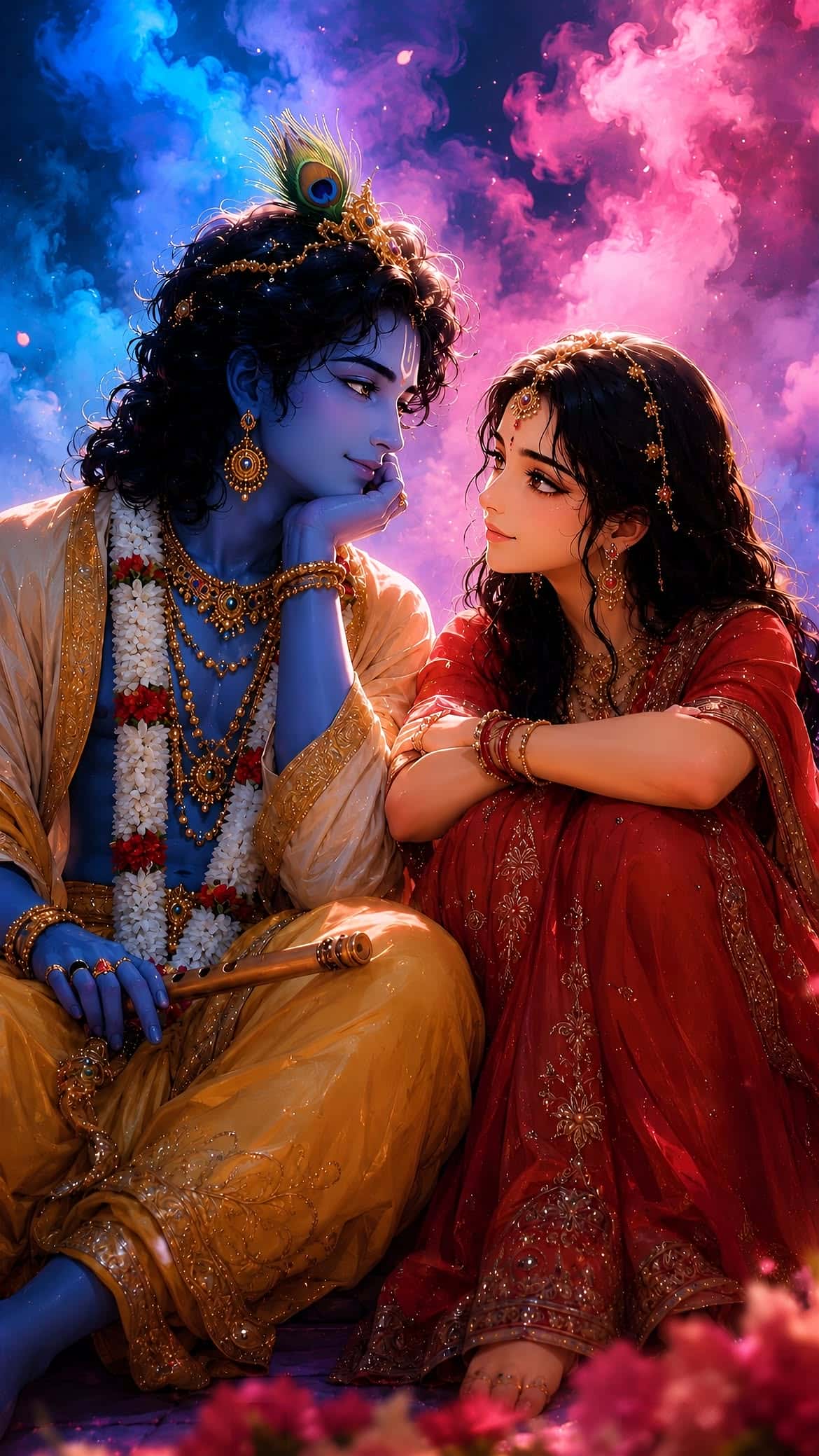 Radha Krishna Wallpapers for iPhone (4K HD) – Free Download 1 radha-krishna-sitting-together-colorful-smoke-iphone-wallpaper