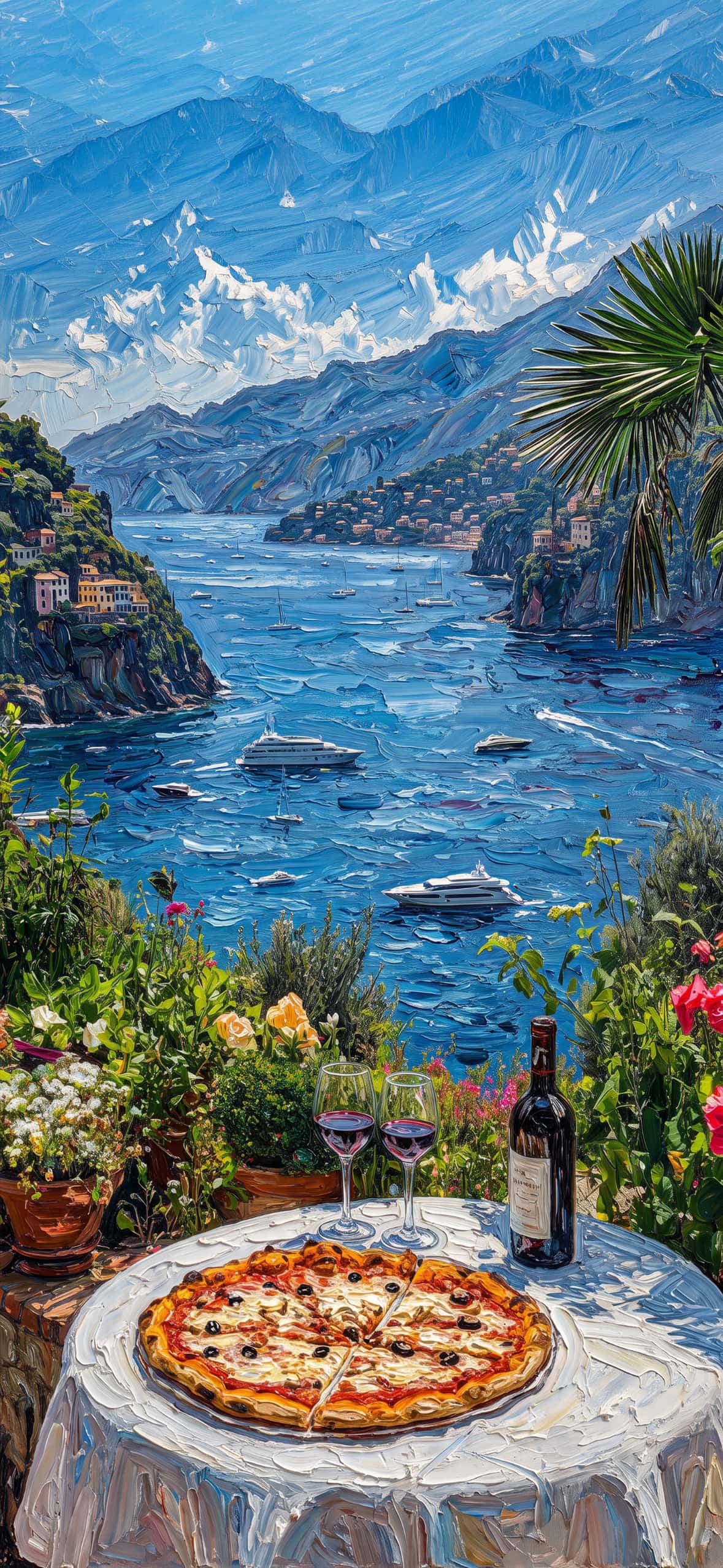 Luxury Impasto iPhone Wallpapers 4K | Textured Oil Paint Lock Screens 1 amalfi-coast-balcony-pizza-wine-yacht-impasto-wallpaper