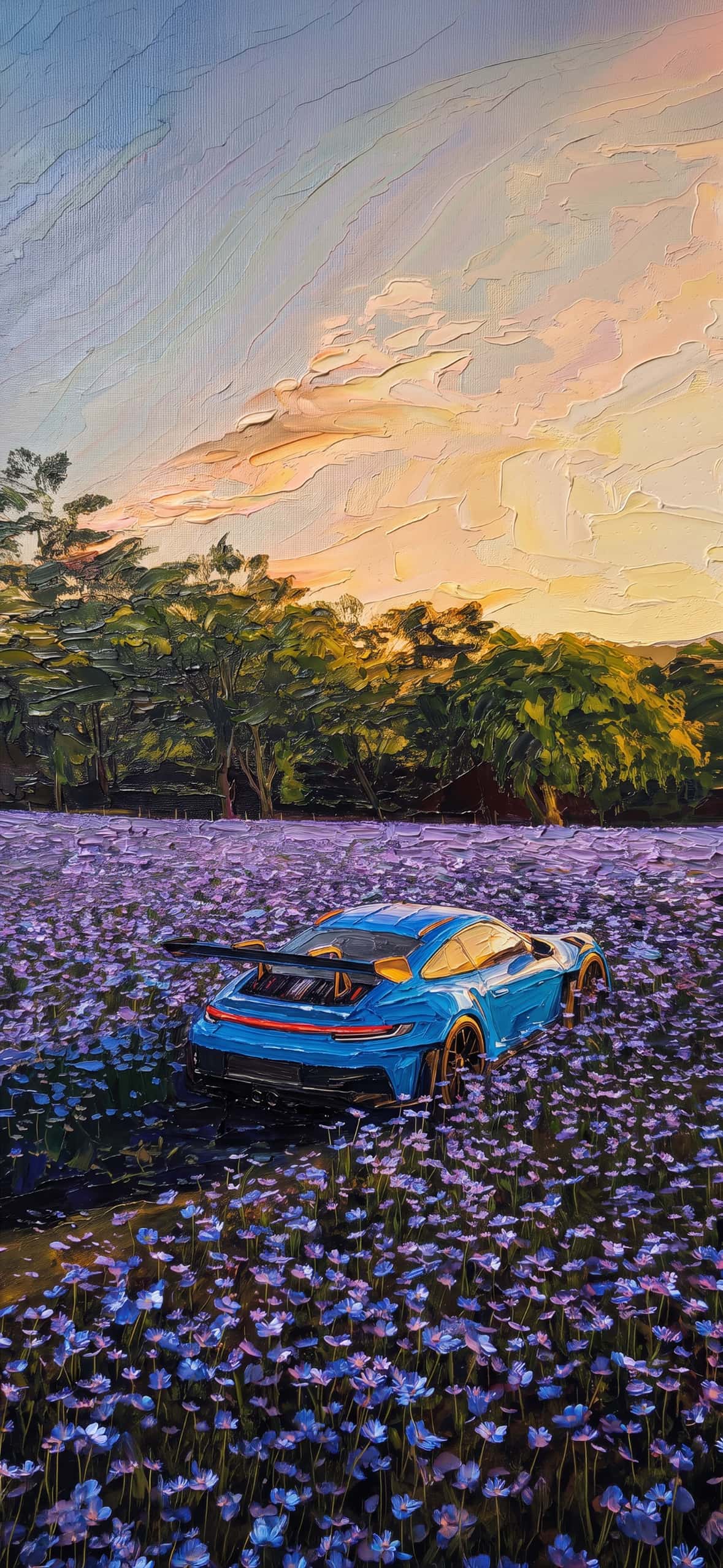 Luxury Impasto iPhone Wallpapers 4K | Textured Oil Paint Lock Screens 4 blue-porsche-911-gt3-lavender-field-sunset-impasto-wallpaper