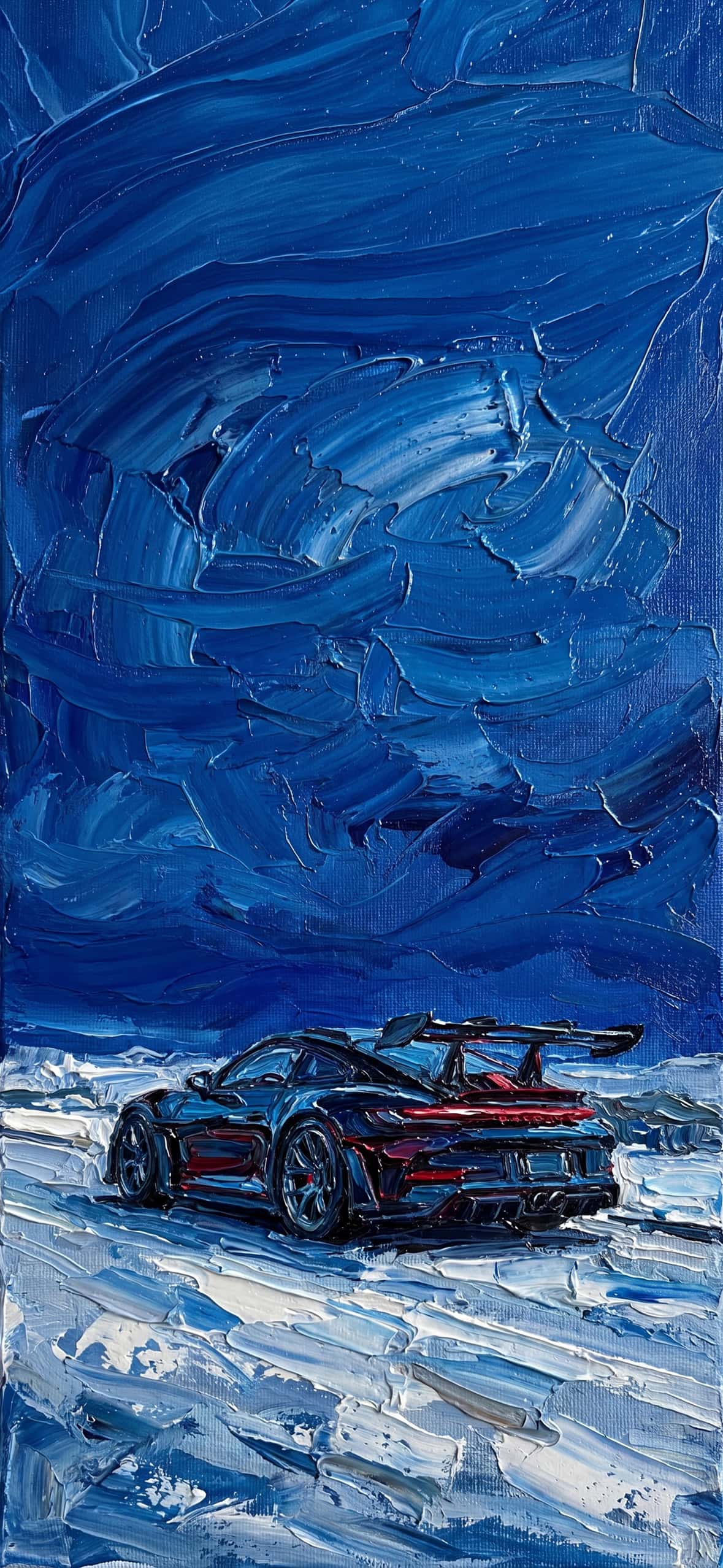 Luxury Impasto iPhone Wallpapers 4K | Textured Oil Paint Lock Screens 5 blue-porsche-911-gt3-rs-snowy-night-impasto-wallpaper