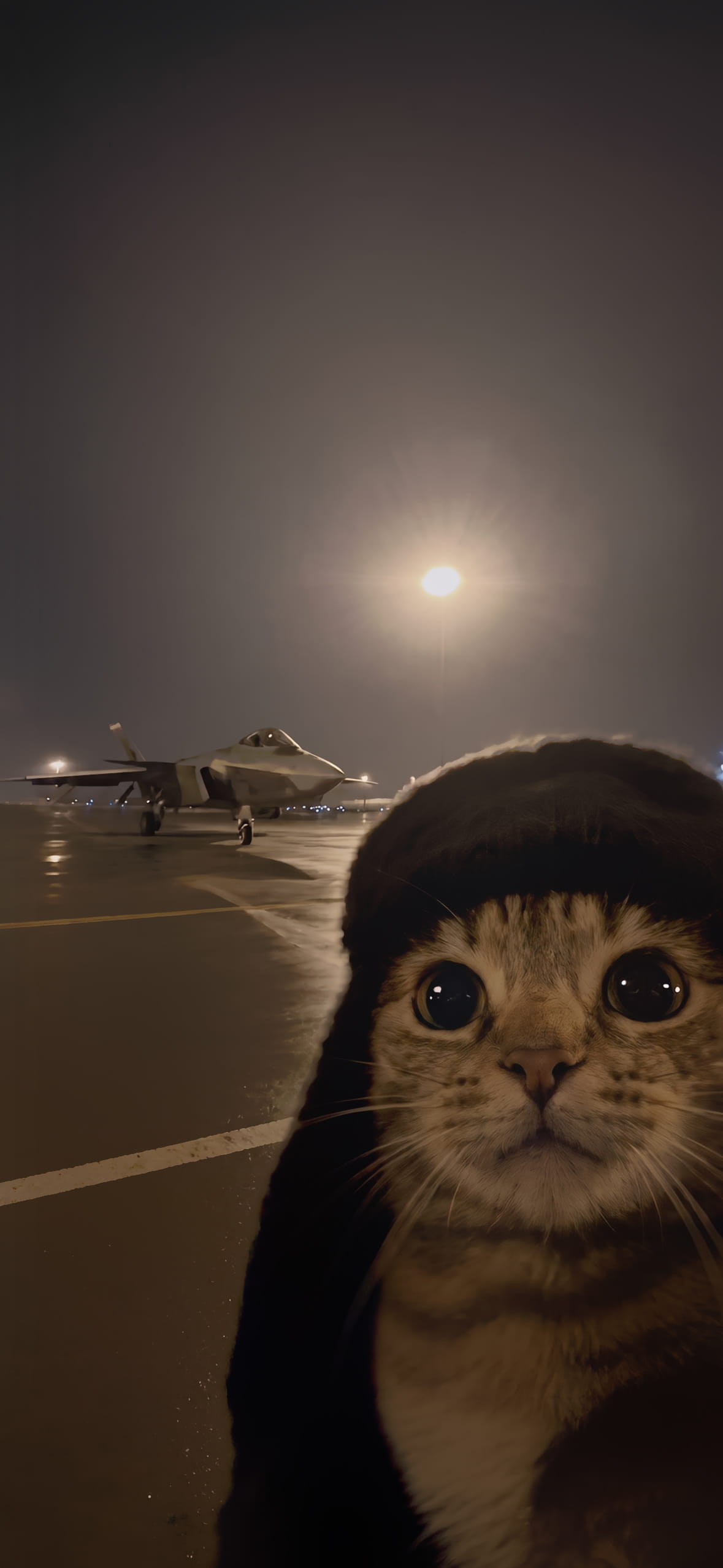 15+ 4K Cat iPhone Wallpapers for Lock Screen & Home Screen 5 cat-wearing-ushanka-fighter-jet-runway-night-iphone-wallpaper