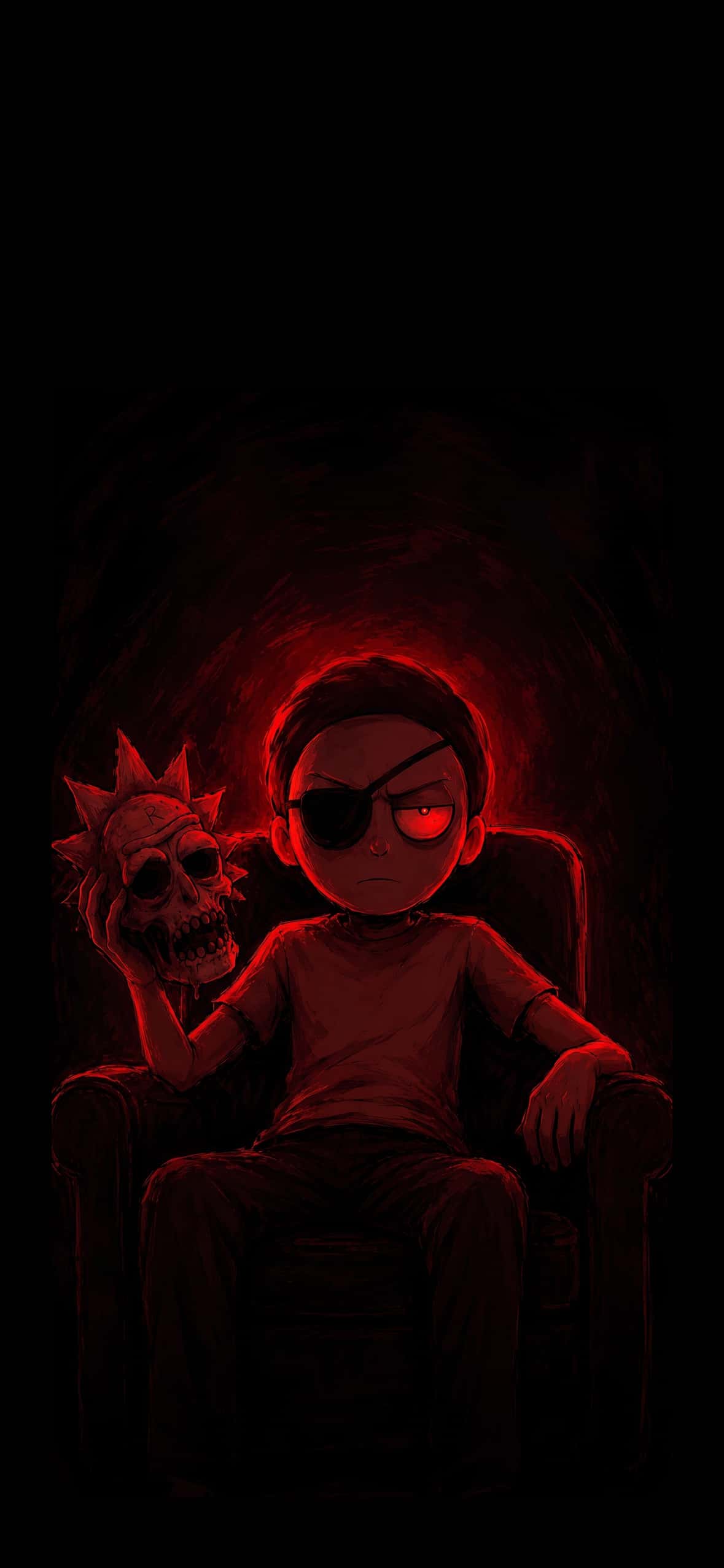 Best Rick and Morty Wallpapers for iPhone Lock Screen (4K HD) 14 evil-morty-eyepatch-holding-rick-skull-red-glow-iphone-wallpaper
