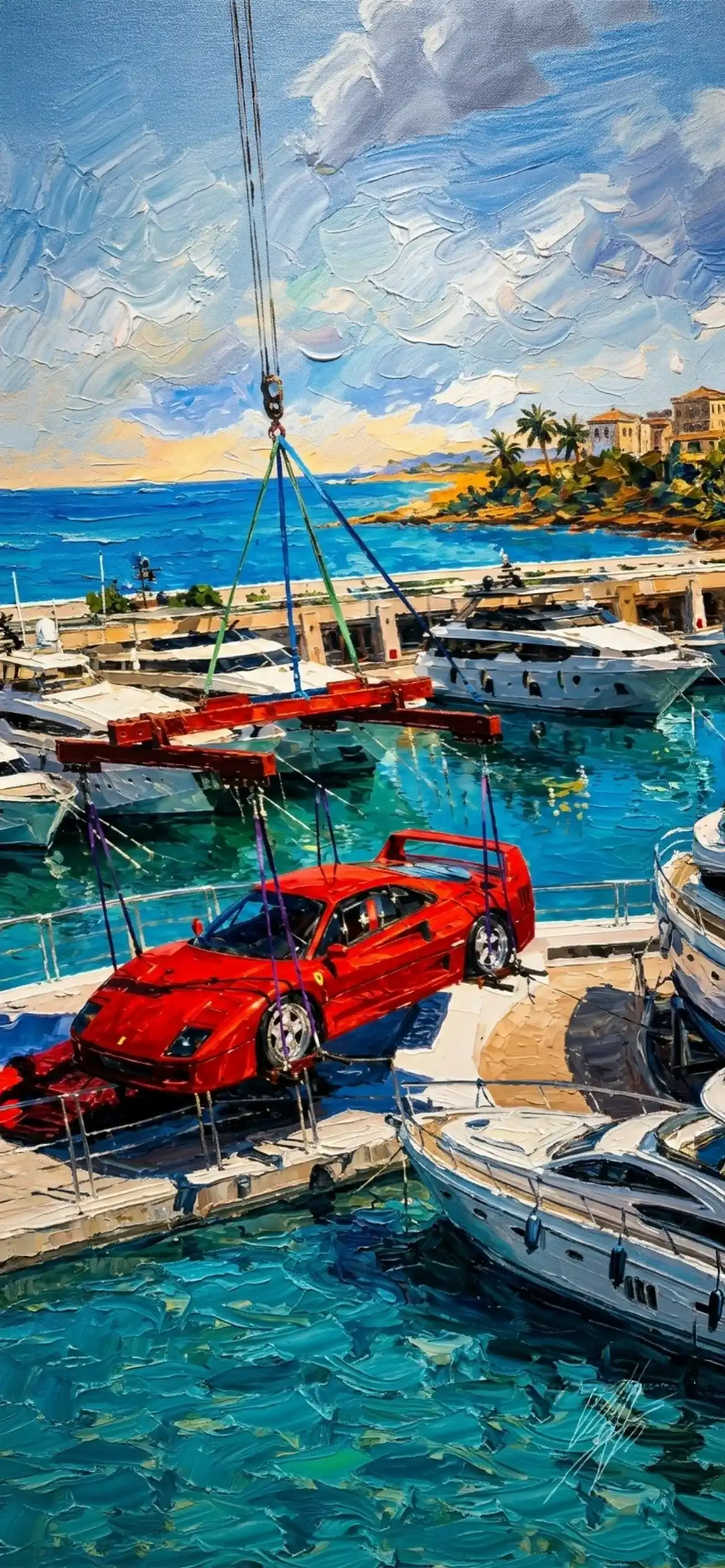 Luxury Impasto iPhone Wallpapers 4K | Textured Oil Paint Lock Screens 8 ferrari-f40-crane-harbor-yacht-marina-impasto-wallpaper