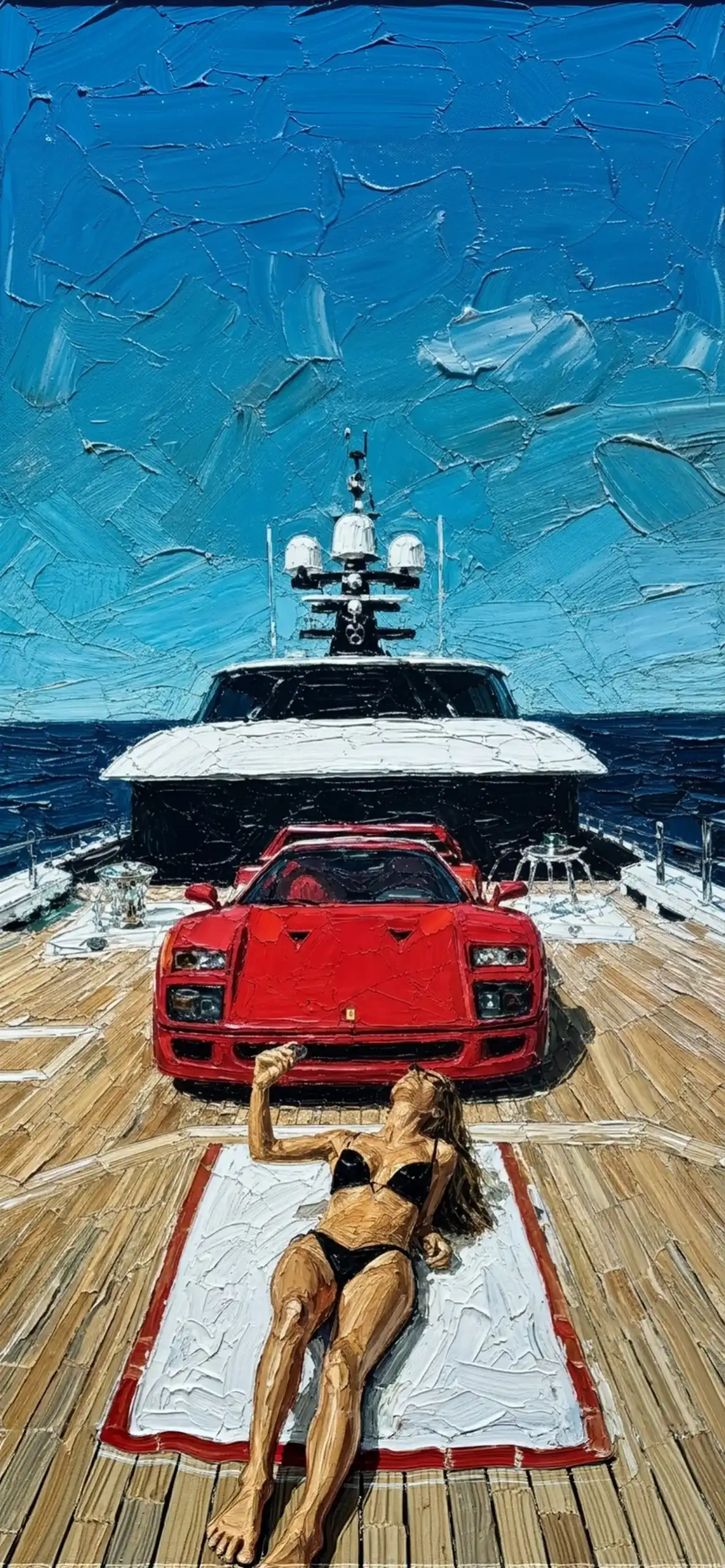 Luxury Impasto iPhone Wallpapers 4K | Textured Oil Paint Lock Screens 9 ferrari-f40-superyacht-deck-sunbathing-impasto-wallpaper