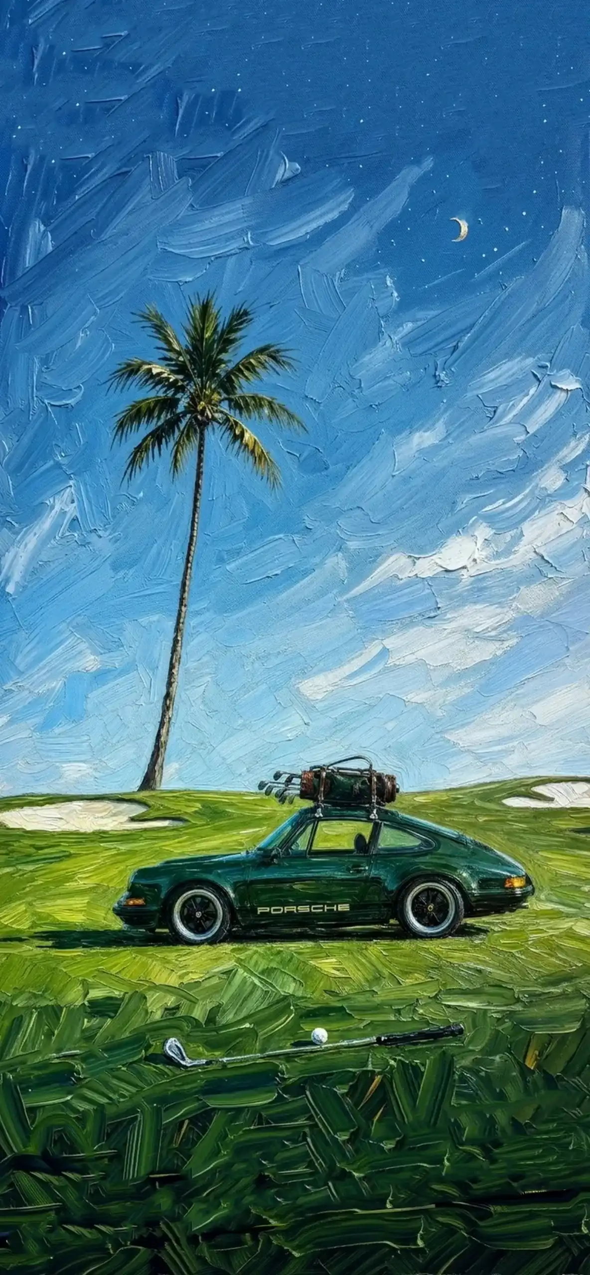 Luxury Impasto iPhone Wallpapers 4K | Textured Oil Paint Lock Screens 10 green-porsche-911-golf-course-palm-tree-impasto-wallpaper