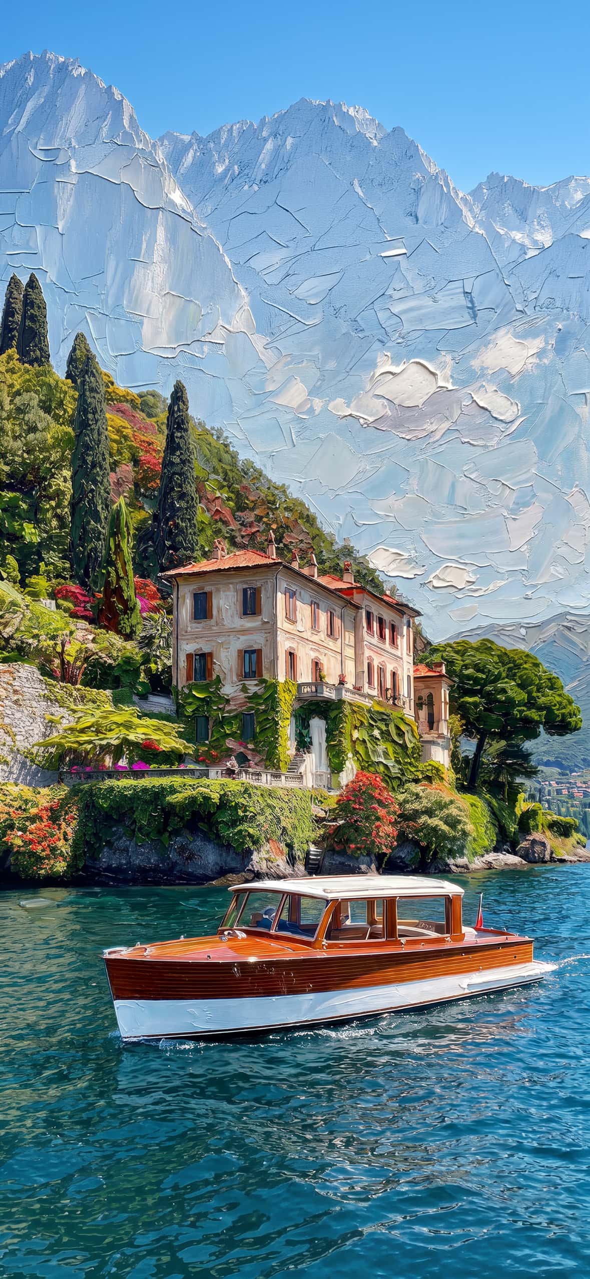 Luxury Impasto iPhone Wallpapers 4K | Textured Oil Paint Lock Screens 11 lake-como-luxury-wooden-speedboat-villa-impasto-wallpaper