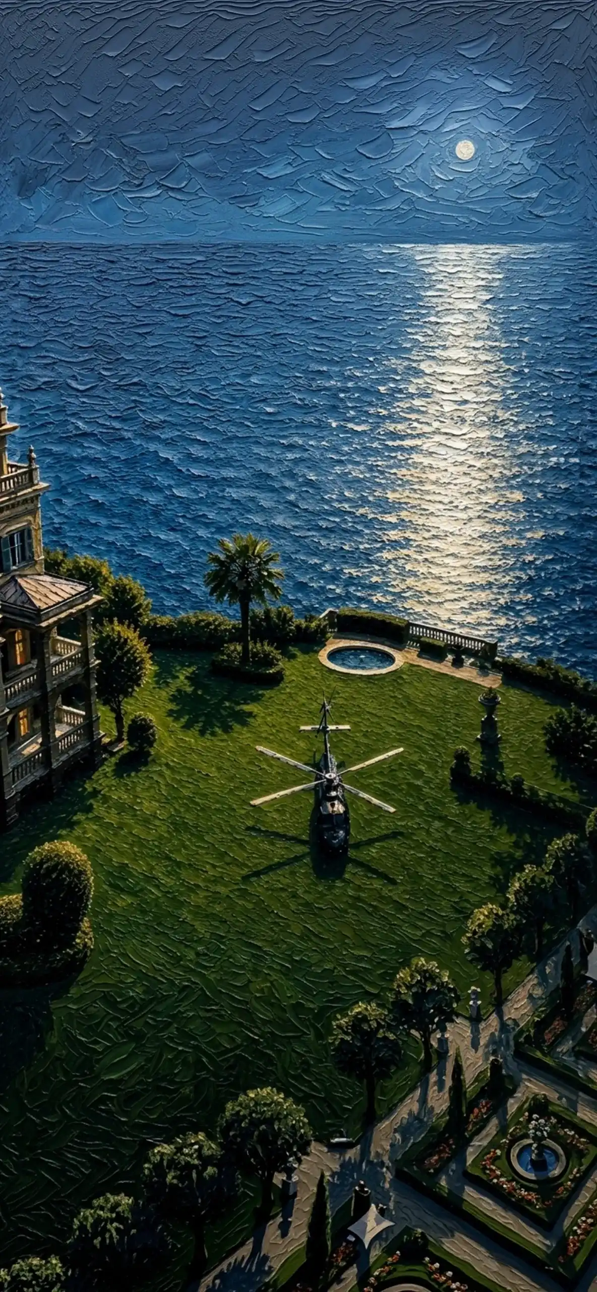 Luxury Impasto iPhone Wallpapers 4K | Textured Oil Paint Lock Screens 12 mediterranean-coastal-mansion-helicopter-moonlight-impasto-wallpaper