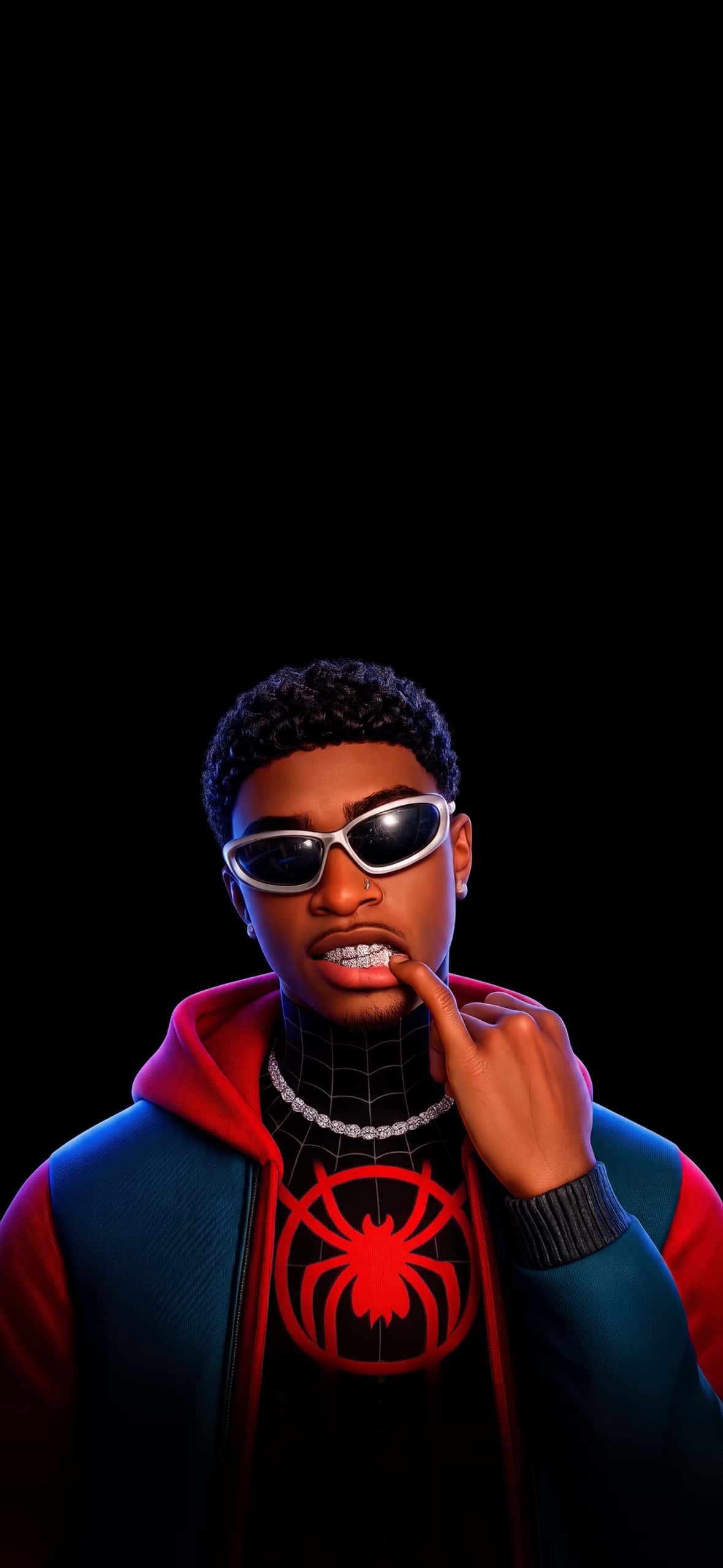 Spider-Man Pure Black AMOLED Wallpapers for iPhone | OLED 4K 3 miles-morales-unmasked-diamond-grillz-sunglasses-iphone-wallpaper