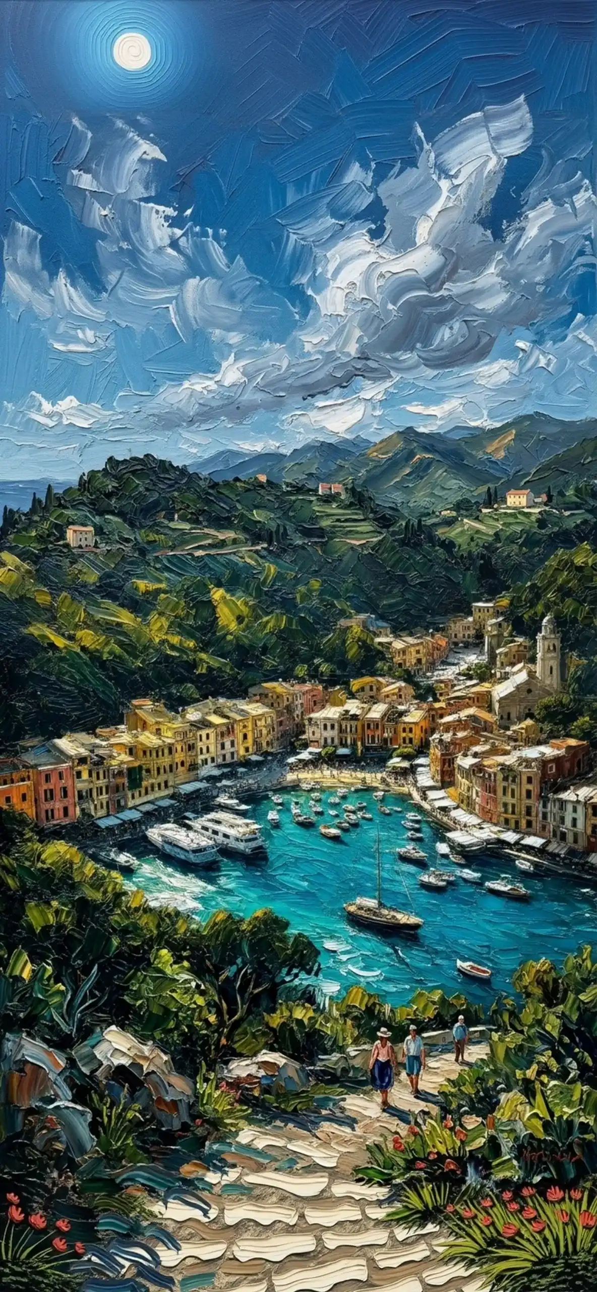 Luxury Impasto iPhone Wallpapers 4K | Textured Oil Paint Lock Screens 13 portofino-harbor-coastal-village-full-moon-impasto-wallpaper