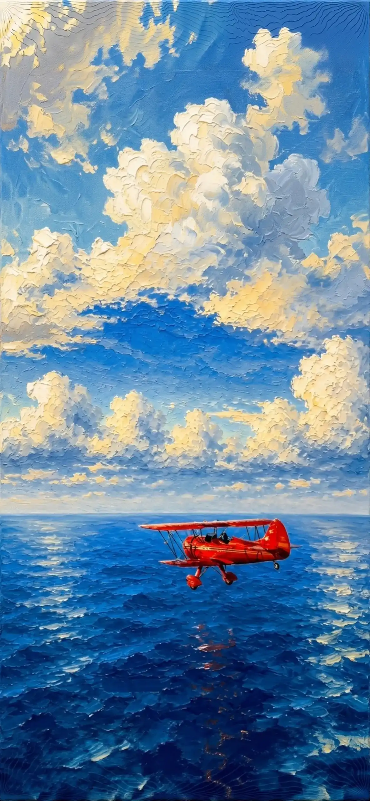 Luxury Impasto iPhone Wallpapers 4K | Textured Oil Paint Lock Screens 14 red-vintage-biplane-cloudy-blue-sky-ocean-impasto-wallpaper