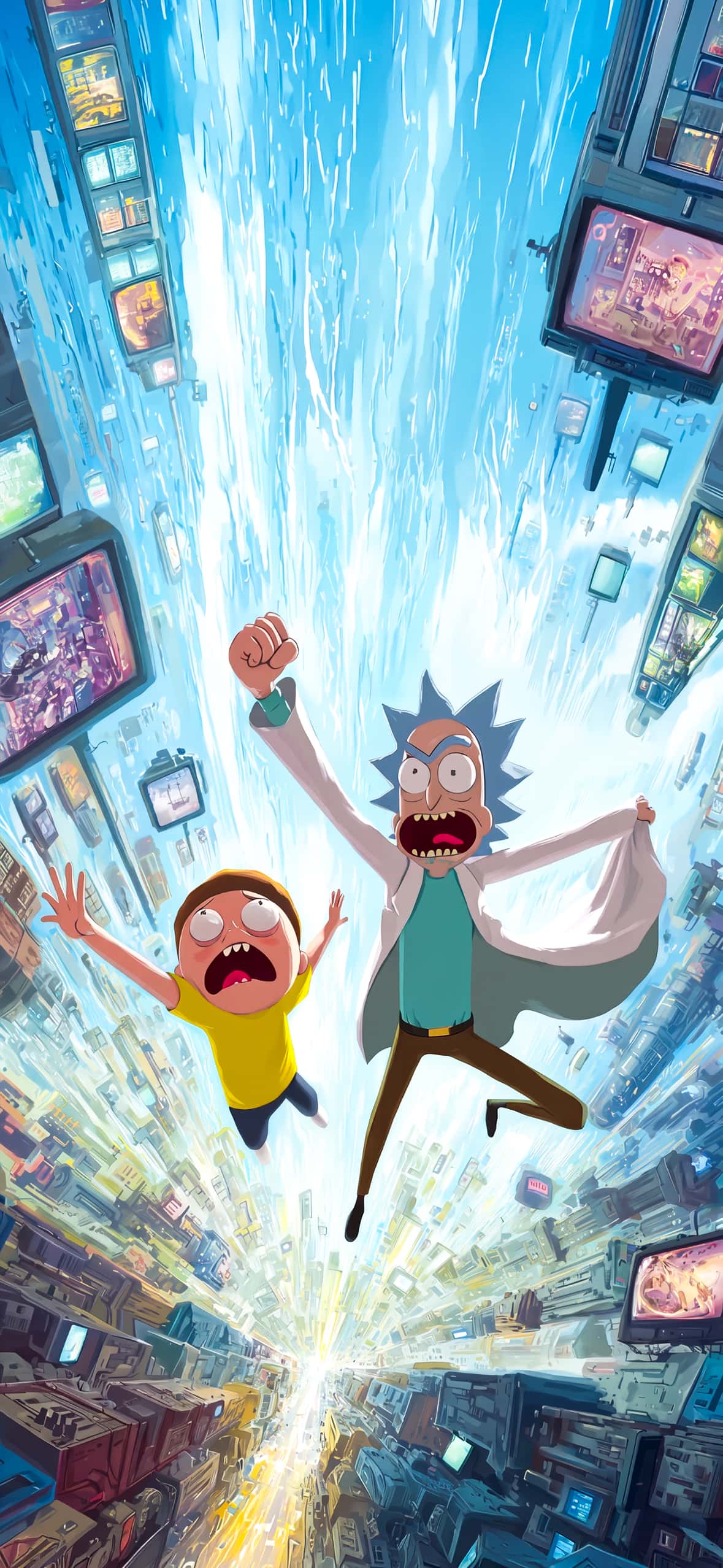 Best Rick and Morty Wallpapers for iPhone Lock Screen (4K HD) 3 rick-and-morty-falling-futuristic-city-screens-iphone-wallpaper
