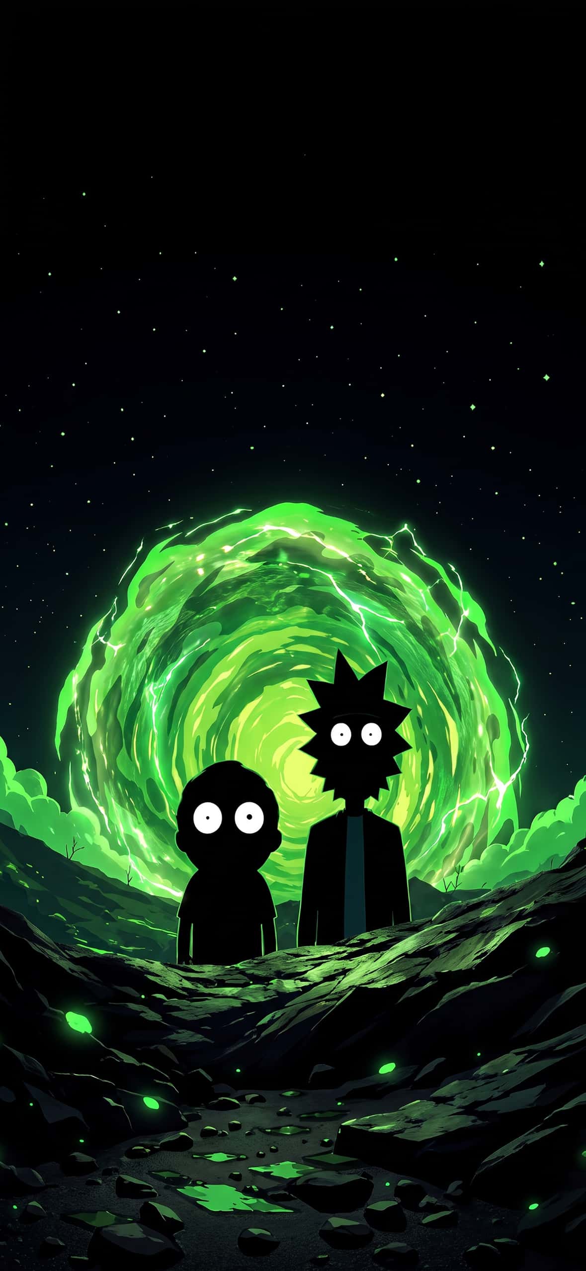 Best Rick and Morty Wallpapers for iPhone Lock Screen (4K HD) 8 rick-and-morty-silhouette-glowing-alien-portal-landscape-iphone-wallpaper