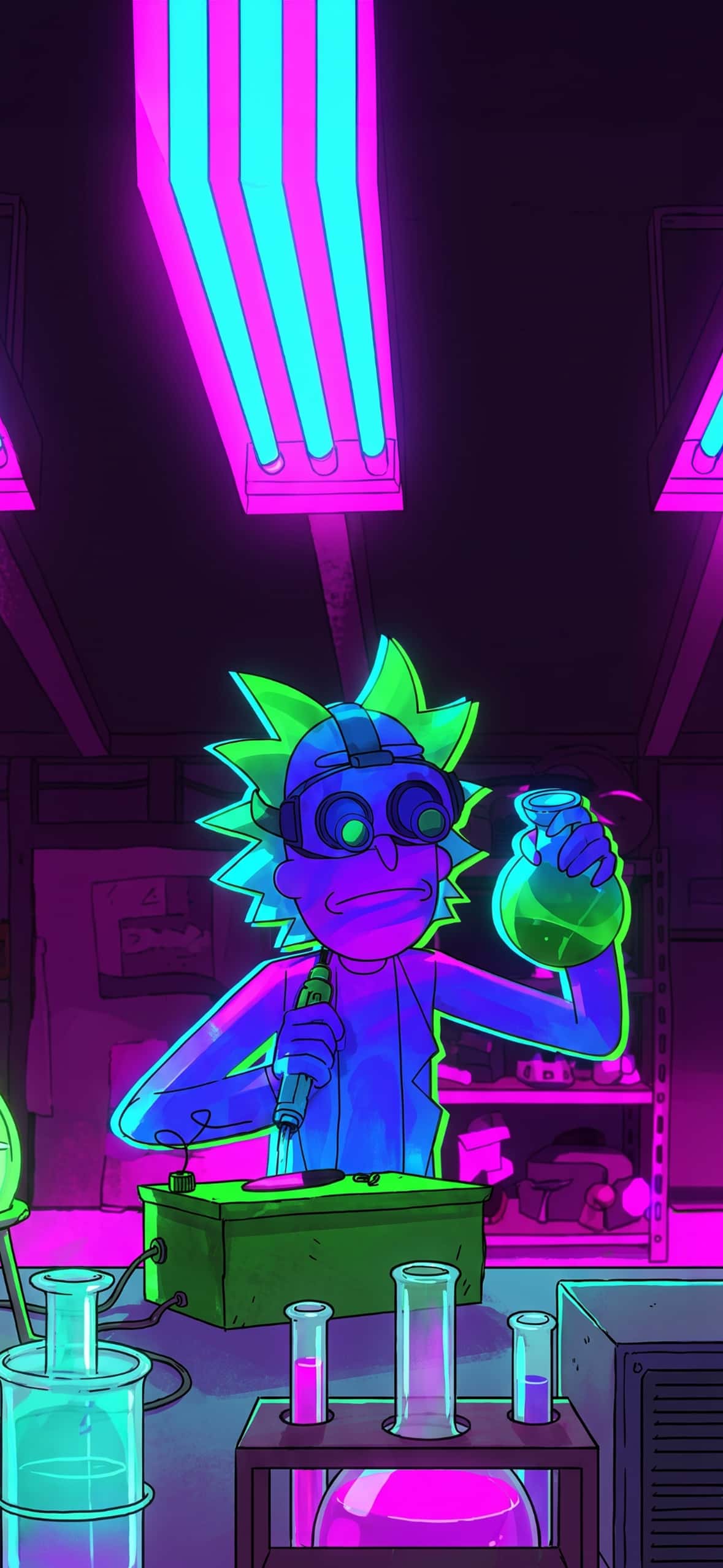 Best Rick and Morty Wallpapers for iPhone Lock Screen (4K HD) 10 rick-sanchez-neon-lab-goggles-flask-iphone-wallpaper