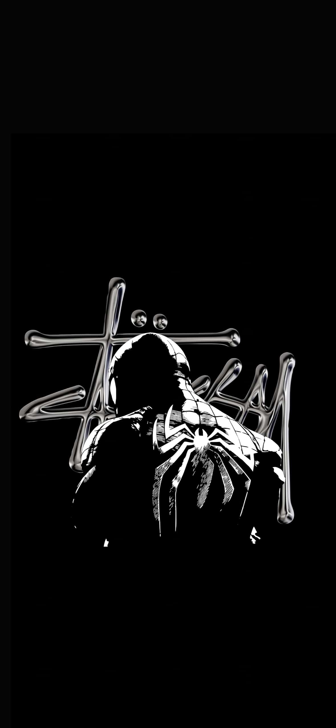 Spider-Man Pure Black AMOLED Wallpapers for iPhone | OLED 4K 5 spiderman-black-suit-stussy-chrome-logo-iphone-wallpaper
