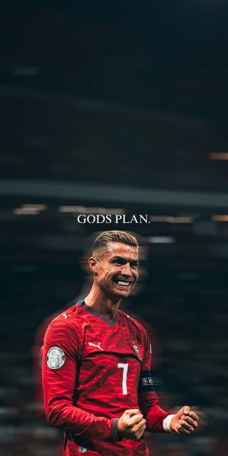Cristiano Ronaldo celebrating in his red Portugal national team jersey with text reading Gods Plan above his head