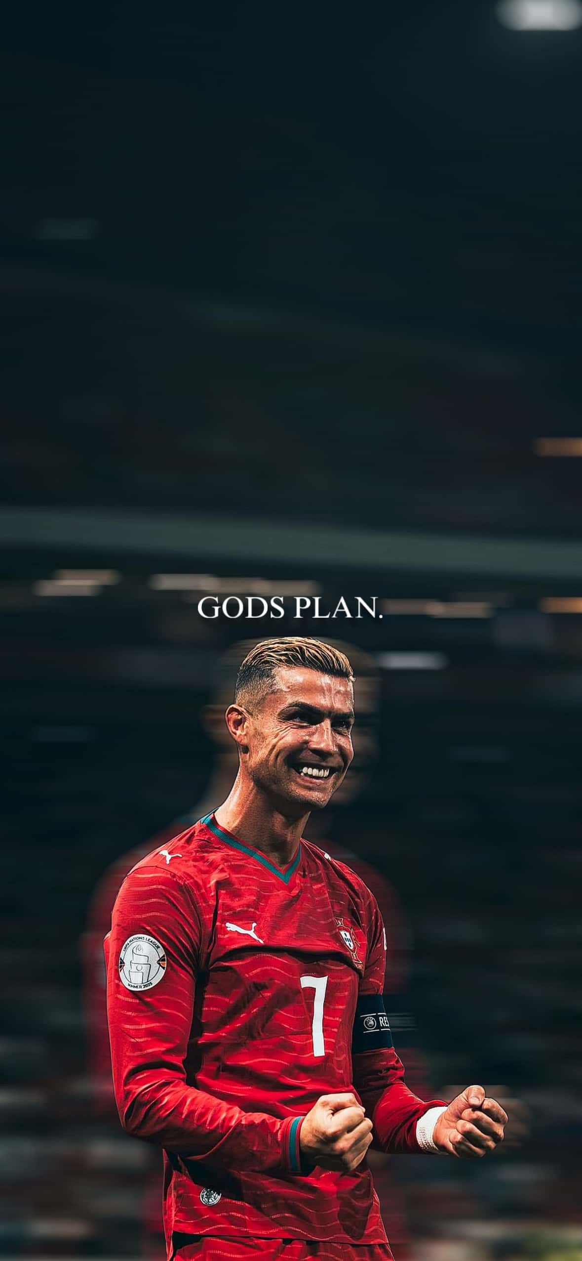 Cristiano Ronaldo Portugal Gods Plan iPhone Wallpaper 4K (OLED) 1 Cristiano Ronaldo celebrating in his red Portugal national team jersey with text reading Gods Plan above his head