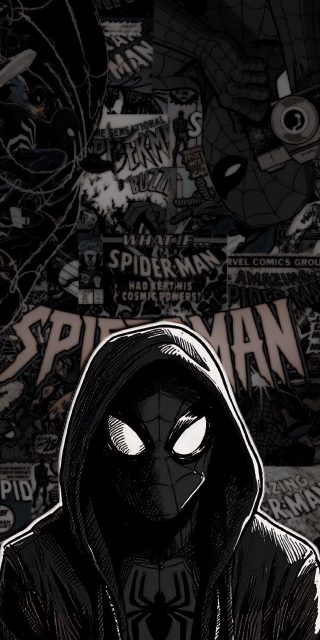 Dark hooded Spider-Man character artwork overlaying a retro black-and-white comic book cover collage background