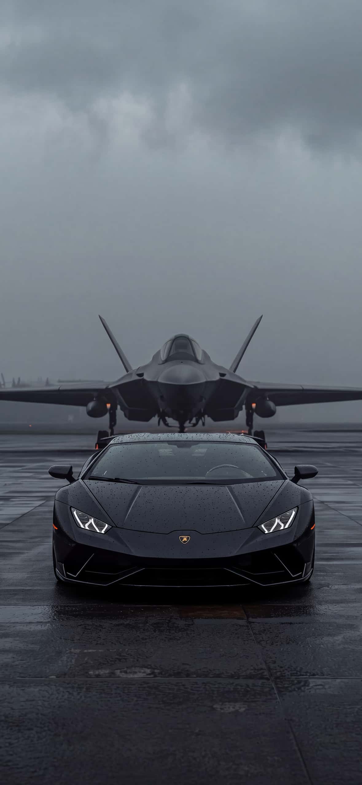 Fighter Jet iPhone Wallpapers 4K | Military Aviation HD Backgrounds 10 matte-black-lamborghini-and-stealth-fighter-jet-runway-wallpaper