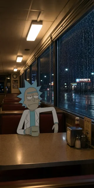 Rick Sanchez sitting thoughtfully in a dimly lit diner booth holding a coffee cup next to a rain-streaked window.