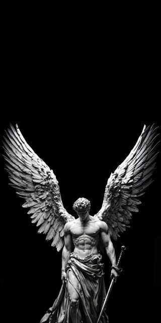 Detailed marble statue of a winged archangel holding a sword against a solid black AMOLED background.