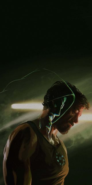 Tony Stark in profile with a glowing green Doctor Doom hood outline overlay