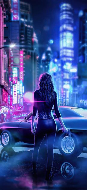 Cyber japan neon lights girl with gun