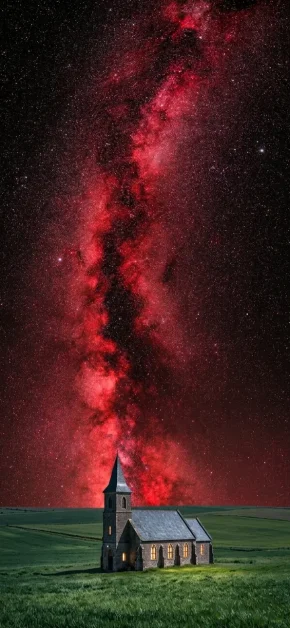 iphone-wallpaper-red-milky-way-glowing-church-green-field
