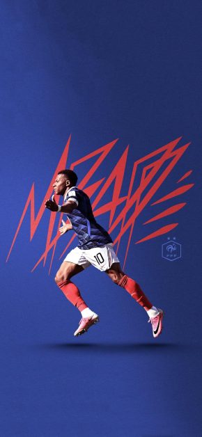 Kylian Mbappé Wallpapers: Best 4K & OLED iPhone Backgrounds 9 mbappe-france-running-blue-background-red-typography-wallpaper-iphone